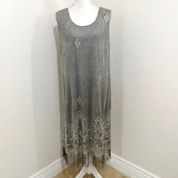 Onyx Nite Vintage Wendye Chaitin Silver Metallic Mesh Fringe Midi Dress & Duster - Picture 3 of 11